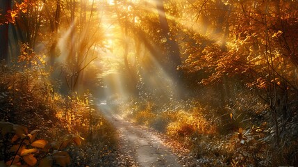 Sunlight streams through a forest, illuminating the path with a golden glow.