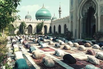 A serene scene of worshippers praying in a beautiful mosque courtyard.