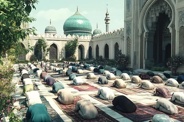 Wandcirkels Foto's A serene scene of worshippers praying in a beautiful mosque courtyard.  © Cartoon