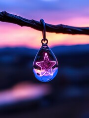 A stunning pendant with a glowing star, hanging on a branch against a colorful sunset background.