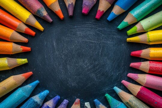 Brightly colored crayons arranged in a circular pattern on a black chalkboard showcasing creativity and artistic expression