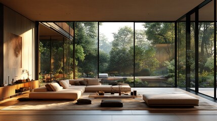 Modern Minimalist Living Room with Panoramic Garden Views