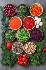 Top down view of colorful bowls filled with legumes vegetables and spices arranged in a symmetrical pattern showcasing diversity in plant based nutrition culinary art and vibrant composition