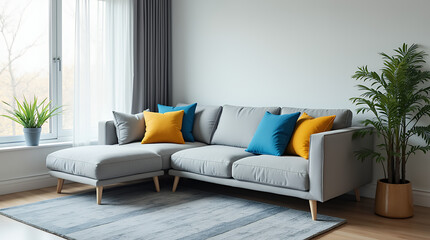 Fototapeta premium Grey corner sofa with vibrant blue and yellow pillows against window. Minimalist interior design of modern living room, home. 