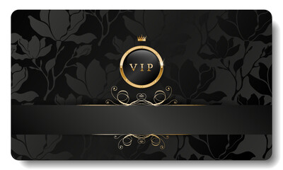 Black and gold luxury premium VIP card  with crown, floral pattern for club members only, casino, invitation