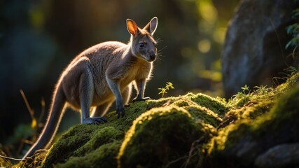 A kangaroo perched on mossy rocks, illuminated by soft sunlight in a natural setting.