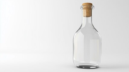 Photorealistic image of a clear glass wine bottle with a cork stopper, isolated on a white background
