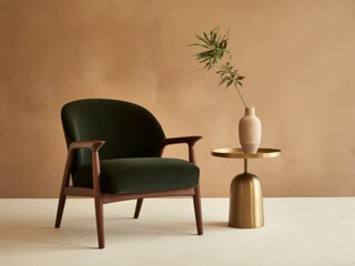 Modern Dark Green Velvet Armchair and Gold Side Table in a Neutral Room