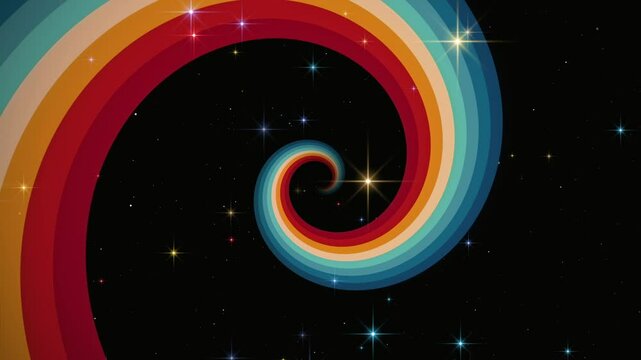 Looped retro dark colorful background with rainbow spiral and cosmic glitter, pop art, grainy texture, 4k animation cartoon footage. Vintage Striped Backgrounds, Retro Colors from the 1970s, 80s, 90s