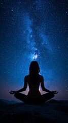 A stunning silhouette of a person sitting in a meditative pose, gazing up at the twinkling stars and the majestic galaxy illuminating the night sky, evoking peace and serenity.
