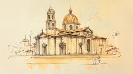 Fototapeta premium Sketch of a magnificent church, projective geometry style, 16:9
