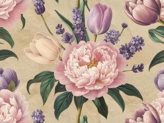 Delicate Floral Seamless Pattern with Peonies, Tulips, and Lavender
