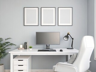 Modern Minimalist Home Office Mockup with Empty Frames