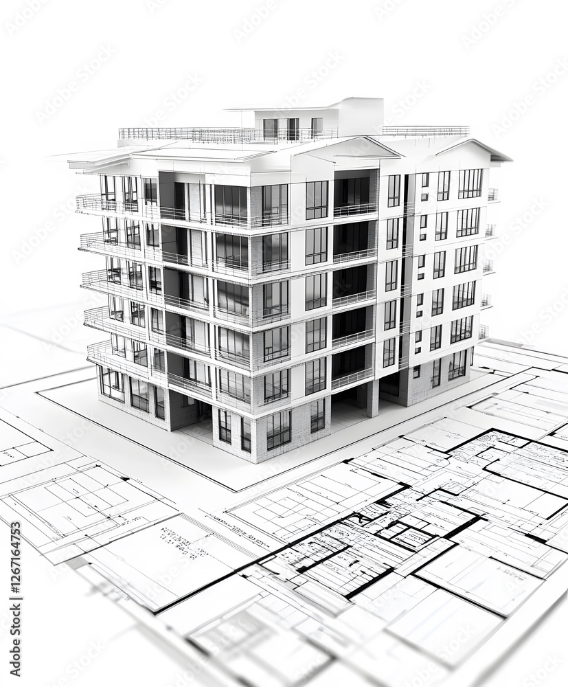 Poster a 3d architectural model of a modern building set atop detailed blueprints, showcasing contemporary 