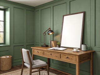 Rustic Green Office Corner with Wooden Desk and Blank Frame