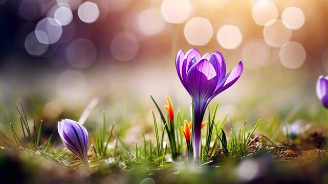 Vibrant crocuses bloom in spring sunlight with colorful highlights in a serene garden setting