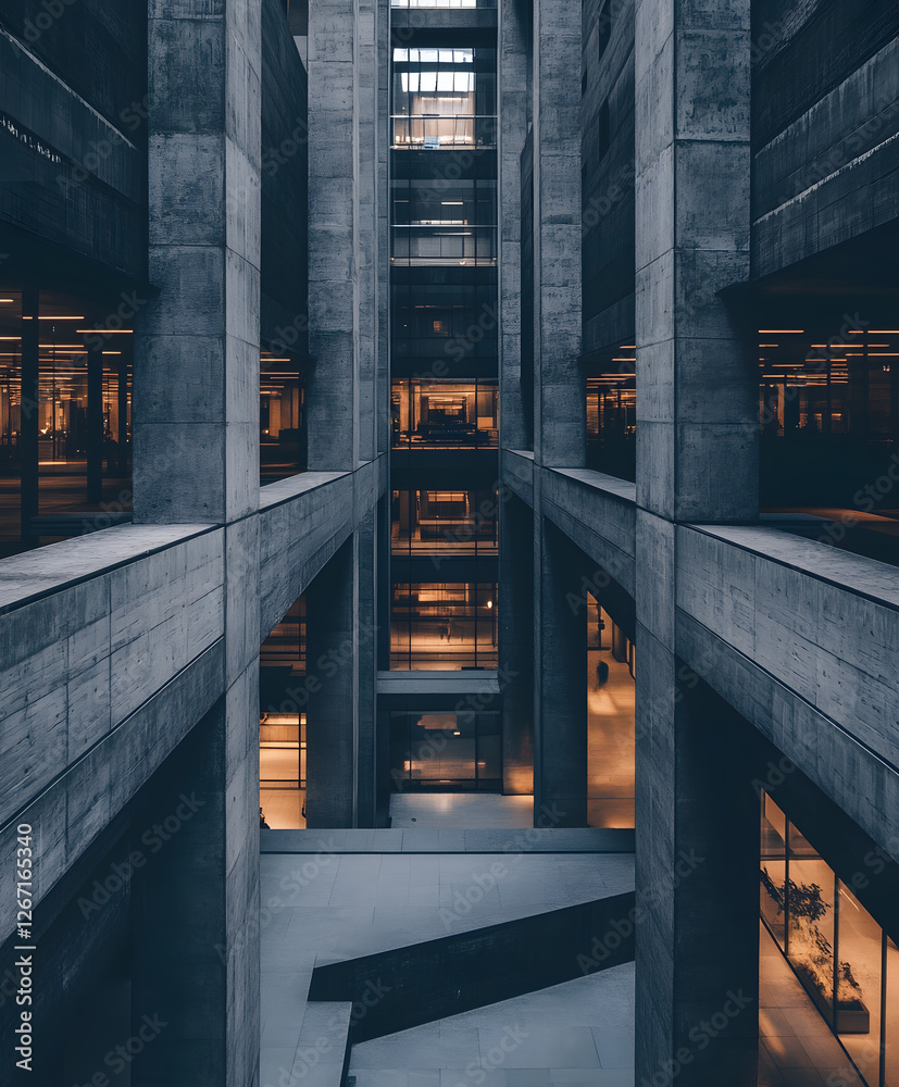 Poster a striking architectural view showcasing concrete structures intersecting with warm lighting, creati