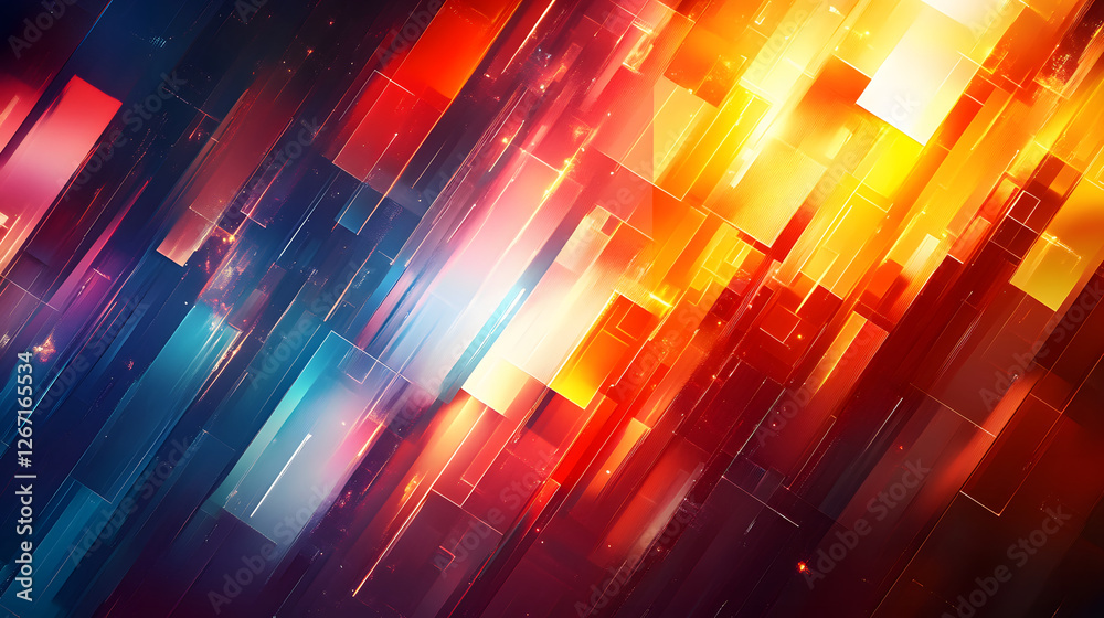 Poster A vibrant abstract composition featuring colorful vertical lines, blending hues of blue, orange, and red, creating a dynamic sense of motion and energy