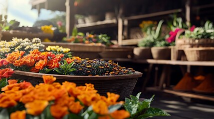 Vibrant flower market scene showcasing colorful blooms in wooden baskets under sunlight