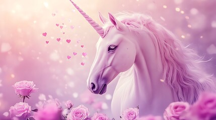 Obraz na płótnie Canvas A pastel unicorn with hearts floating around its horn, surrounded by roses.