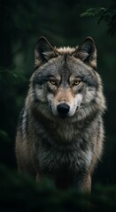 Obraz premium Majestic wolf in forest: fierce gaze and dense foliage in nature wildlife scene