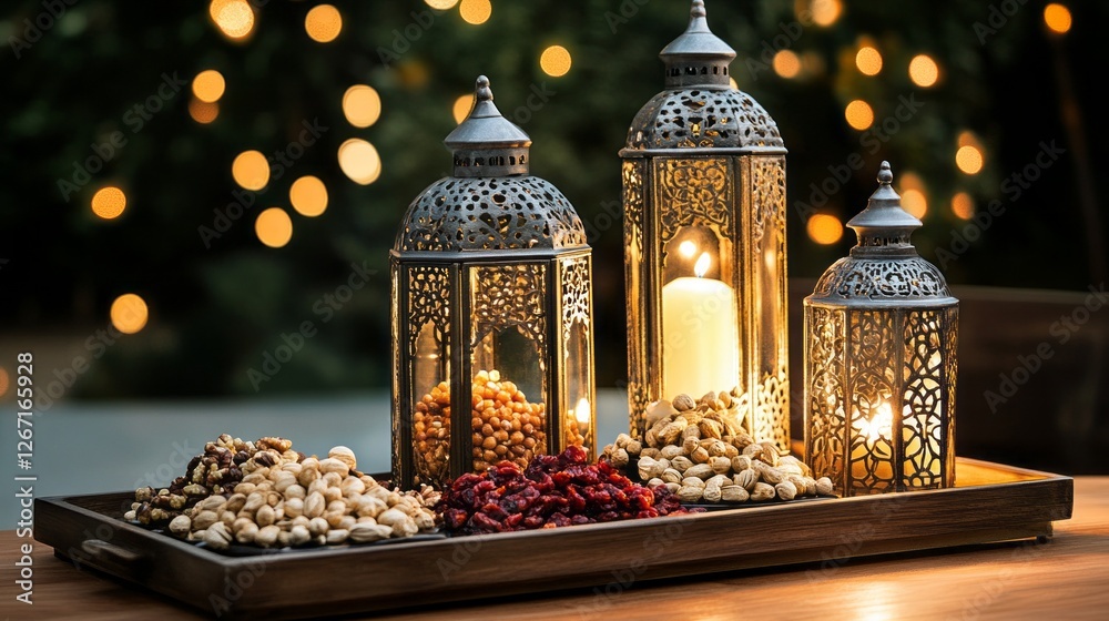 Poster a beautifully arranged table displays an array of traditional iftar foods, including nuts and dried 