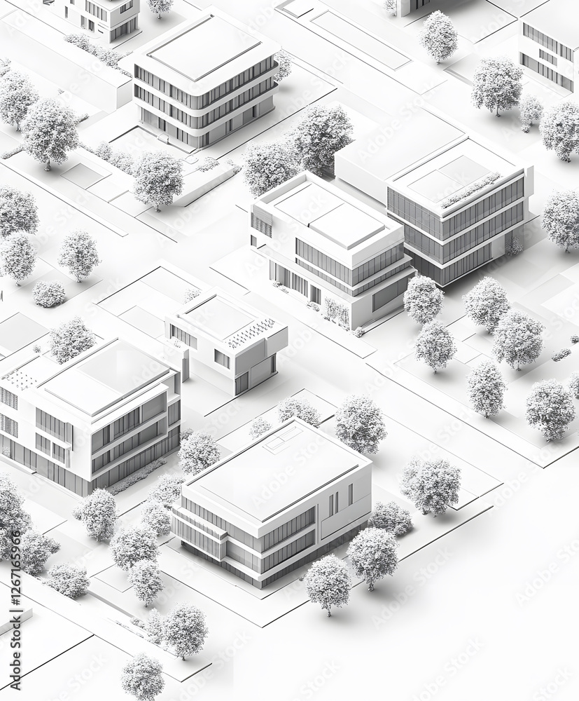 Poster a minimalist aerial view of a modern urban layout featuring buildings and trees, rendered in a monoc