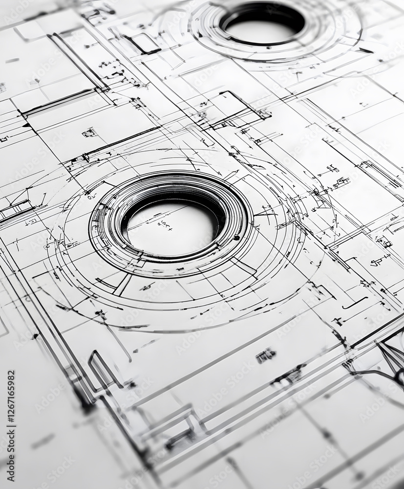 Poster The image showcases detailed architectural blueprints featuring circular structures, emphasizing precision and design in engineering plans