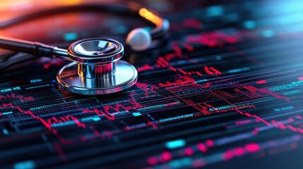 Stethoscope on a medical chart with financial data for healthcare sector analysis and wellness trends