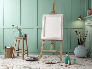 Empty Artist's Canvas in a Mint Green Studio