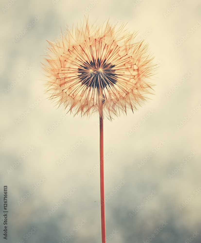 Poster a close-up of a delicate dandelion puff, showcasing its intricate seed structure against a soft, blu