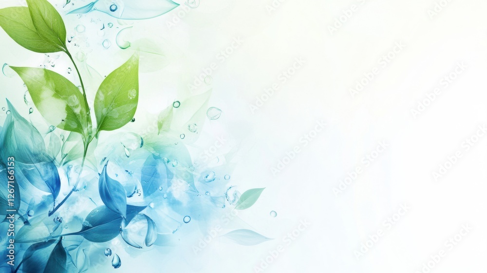 Poster Colorful leaves and water droplets create a calming natural background effect in a serene setting. Generative AI