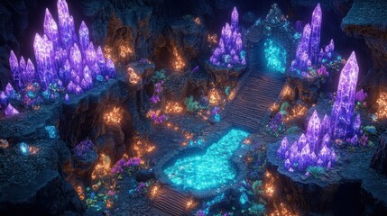 Fototapeta premium Enchanted Fantasy Landscape with Glowing Crystals and Mystical Creatures in a Vivid Cave Setting