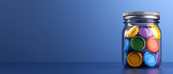 A vibrant jar filled with colorful bottle caps against a blue backdrop, perfect for creative projects and design.