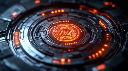 Circular tech interface with glowing core, data processing visualization