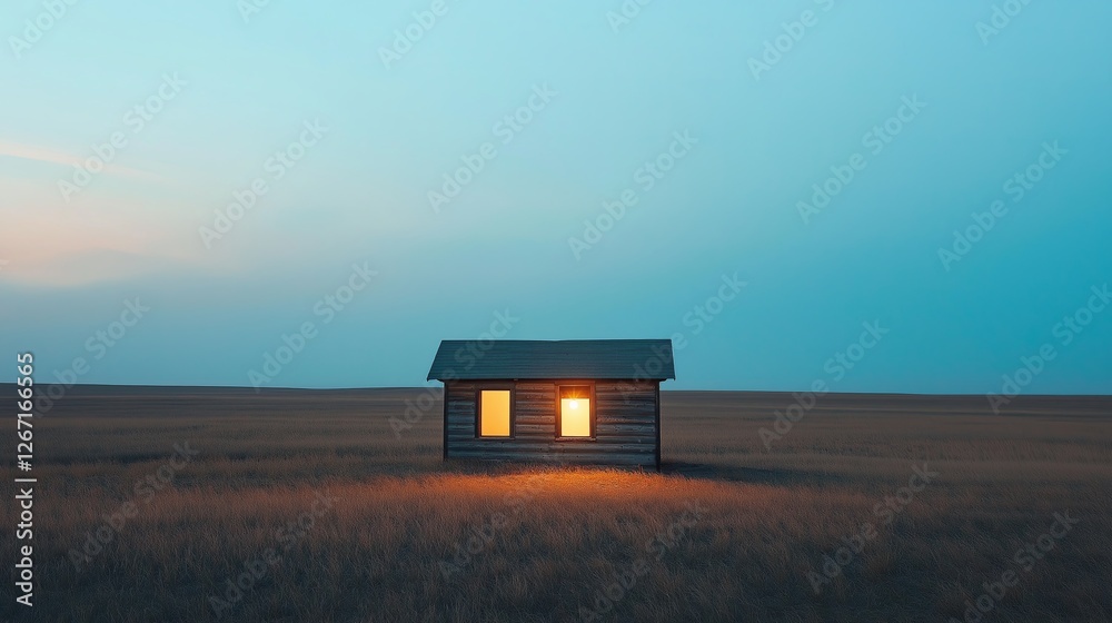 Poster A small, isolated cabin with a single light in a vast open field