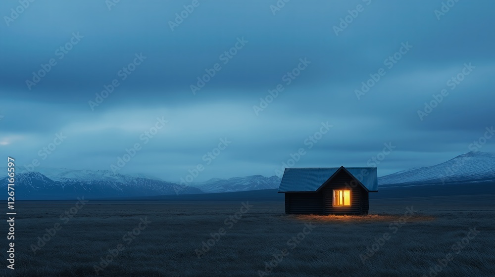 Poster A small, isolated cabin with a single light in a vast open field