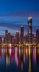 Obraz premium Illuminated cityscape at night with reflections on the water