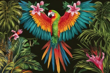 Vibrant Parrot Amidst Tropical Flora on a Black Background