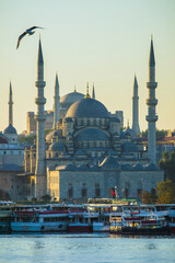 Fototapeta premium Historic Ottoman mosques with elegant domes and minarets along the Bosphorus waterfront under warm morning light, Istanbul landmark