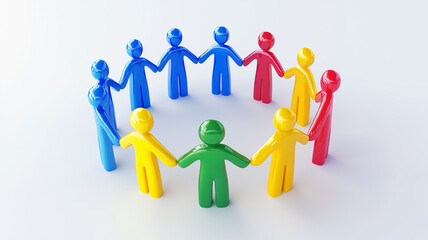 輪になって手をつなぐカラフルな3Dフィギュア