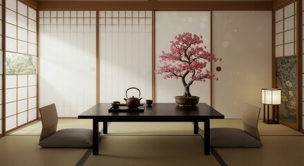 Traditional Japanese Tea Room with Bonsai and Tatami Mat