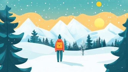 Winter Hiker Walking in Snowy Mountain Landscape at Sunrise