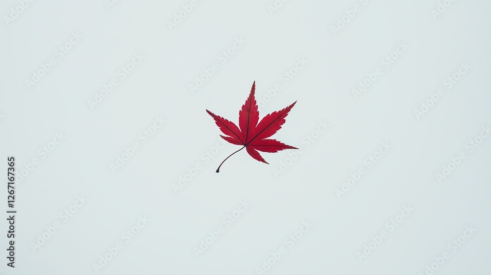 Poster A white background with a lone red maple leaf floating in the air.