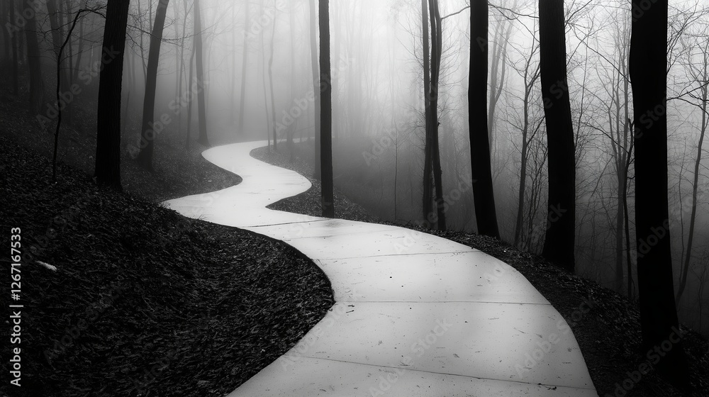 Poster a winding path through a misty forest, with only silhouettes visible