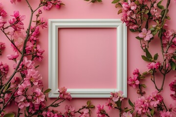 White frame surrounded by blooming pink cherry blossoms on a light pink background