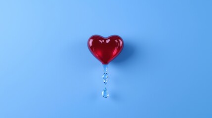 A vibrant red heart with a droplet hanging from it, set against a serene blue background.