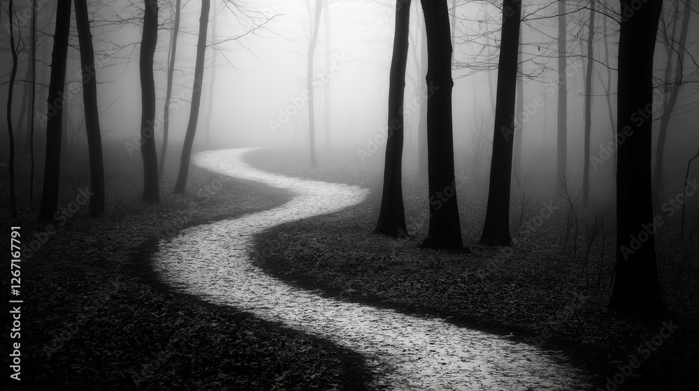 Poster a winding path through a misty forest, with only silhouettes visible