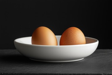 Two brown eggs in a white bowl placed on a dark surface in a cozy kitchen setting