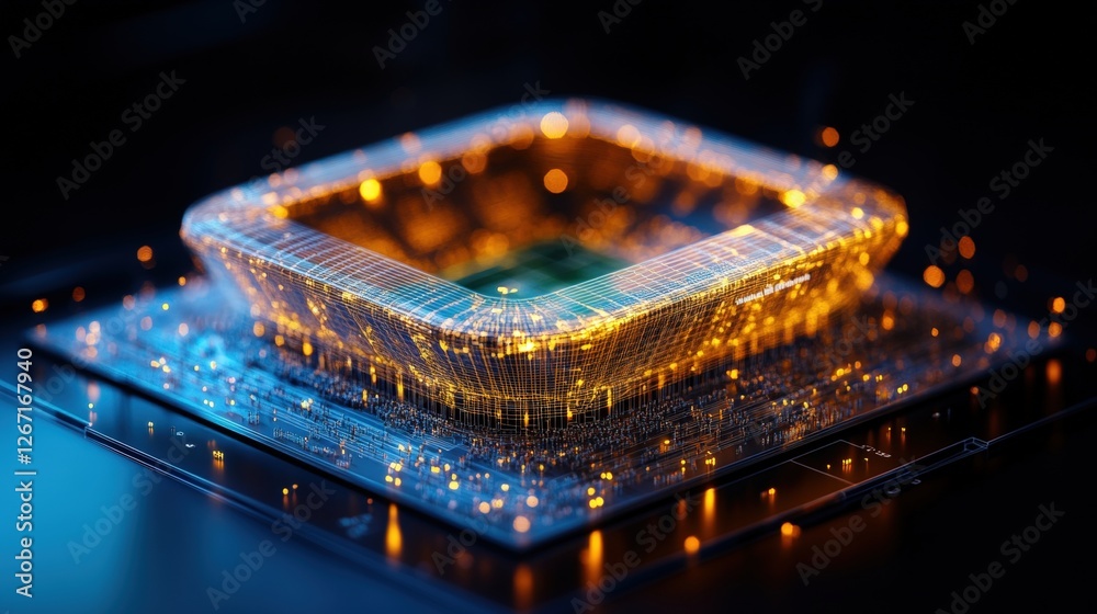 Poster close up of computer with glowing object and wireframe model of a modern soccer stadium